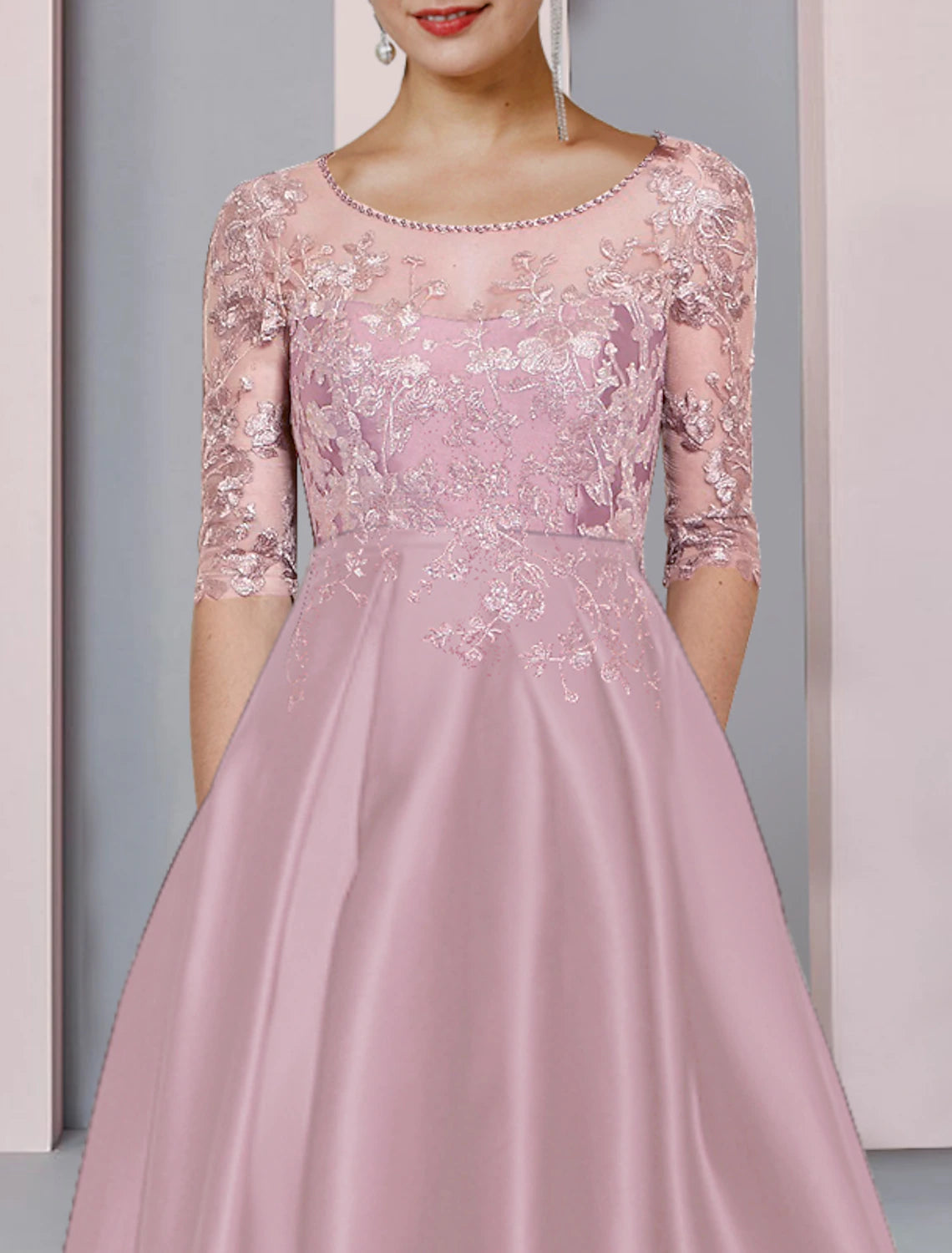 Luolandi A-Line Mother of the Bride Dress Formal Wedding Guest Party Elegant High Low Scoop Neck Asymmetrical Tea Length Satin Lace Half Sleeve with Pleats Beading