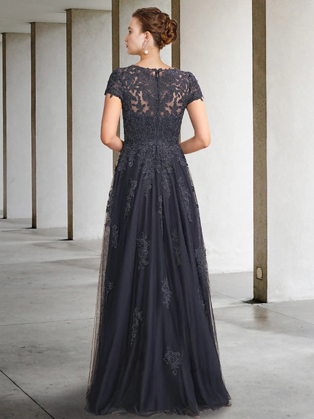 Luolandi Ball Gown Mother of the Bride Dress Luxurious Elegant Jewel Neck Floor Length Lace Tulle Short Sleeve with Crystals Appliques Ball Gown Mother of the Bride Dress Luxurious Elegant Jewel Neck Floor Length Lace Tulle Short Sleeve