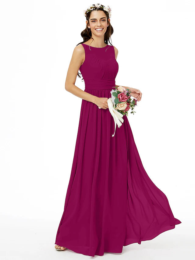 Luolandi A-Line Bridesmaid Dress Jewel Neck Sleeveless Open Back Floor Length Chiffon with Sash / Ribbon / Pleats