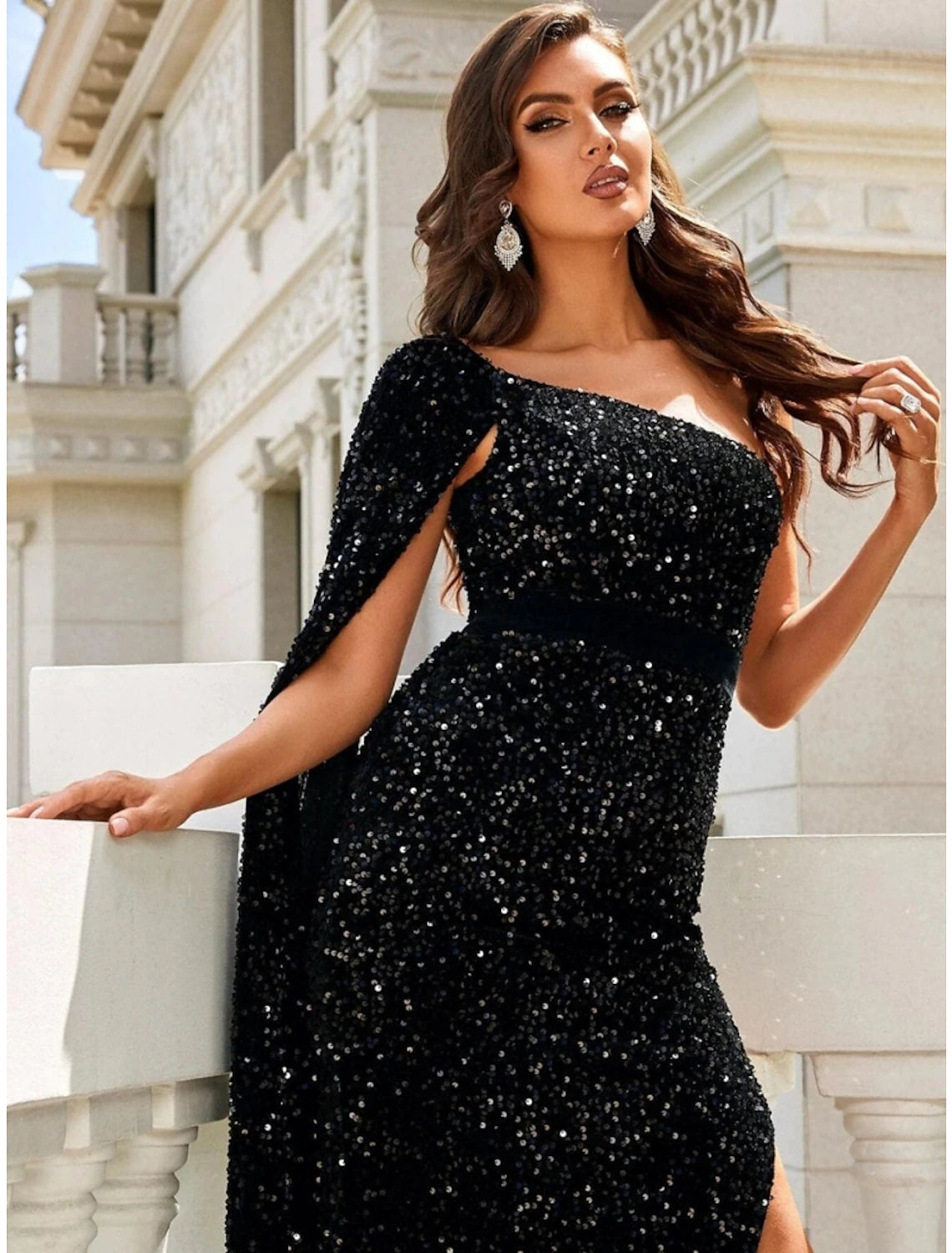 Luolandi Mermaid / Trumpet Evening Gown Black Elegant Dress Formal Ankle Length Sleeveless One Shoulder Sequined
