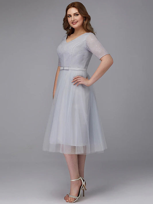 A-Line Elegant Dress Wedding Guest Tea Length Short Sleeve V Neck Lace Lace-up with Sash