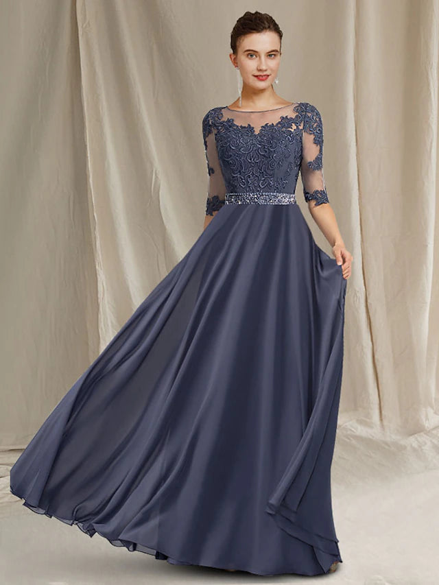 Luolandi A-Line Mother of the Bride Dress Luxurious Elegant Jewel Neck Floor Length Chiffon Lace Tulle Half Sleeve