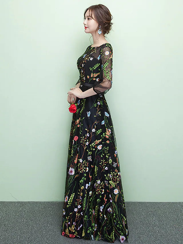 Luolandi A-Line Elegant Sparkle & Shine Formal Evening Dress Jewel Neck 3/4 Length Sleeve Floor Length Lace