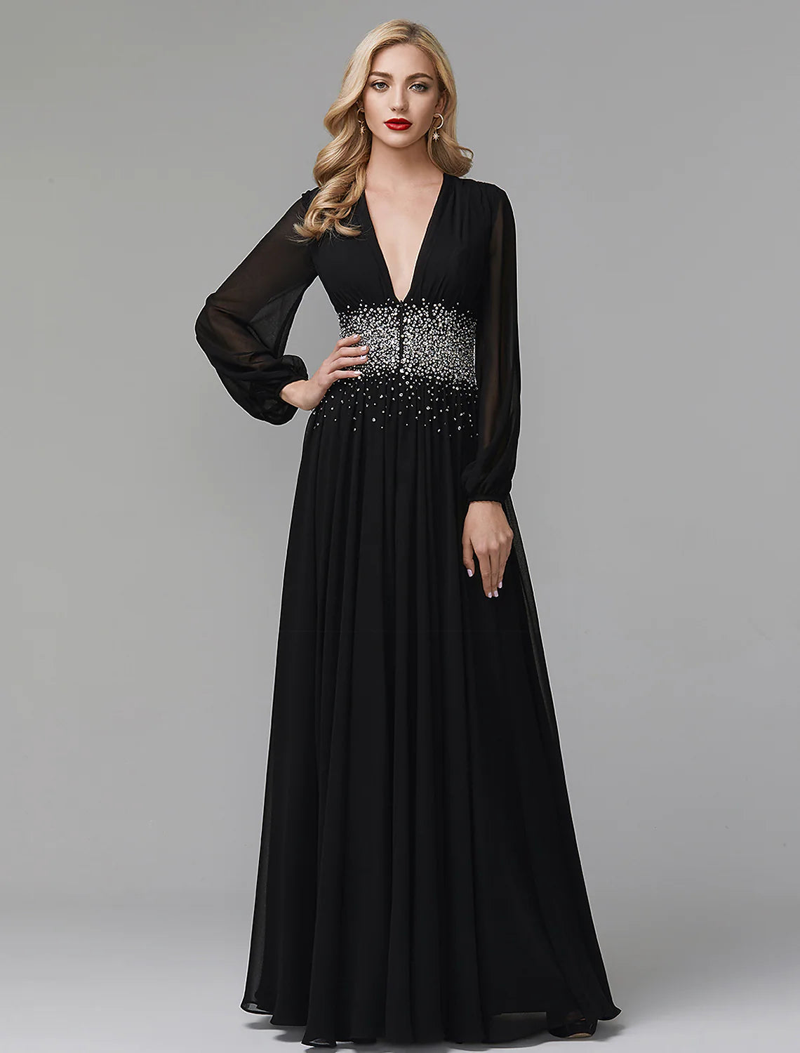 Luolandi A-Line Evening Dress Celebrity Red Carpet Formal Gown Black Tie Wedding Guest Floor Length Long Sleeve V Neck Chiffon