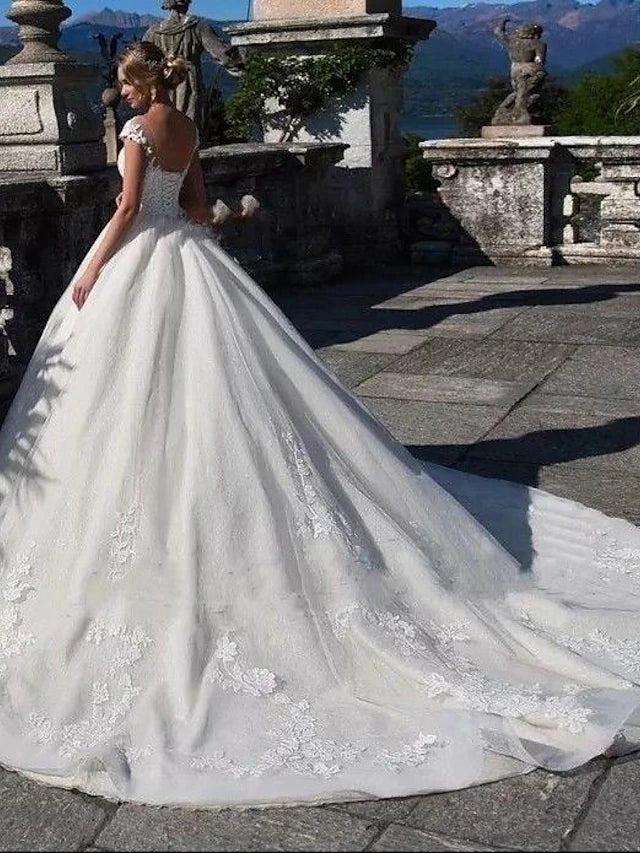 Luolandi Engagement Open Back Sexy Formal Wedding Dresses Chapel Train Ball Gown Cap Sleeve Illusion Neck Lace