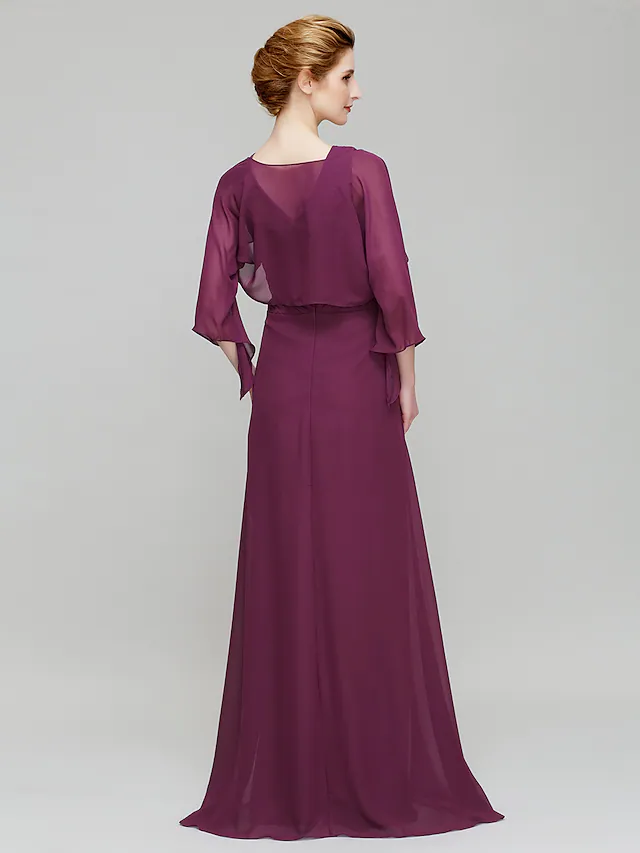 Luolandi Mother of the Bride Dress V Neck Floor Length Chiffon 3/4 Length Sleeve with Criss Cross Crystals Grape