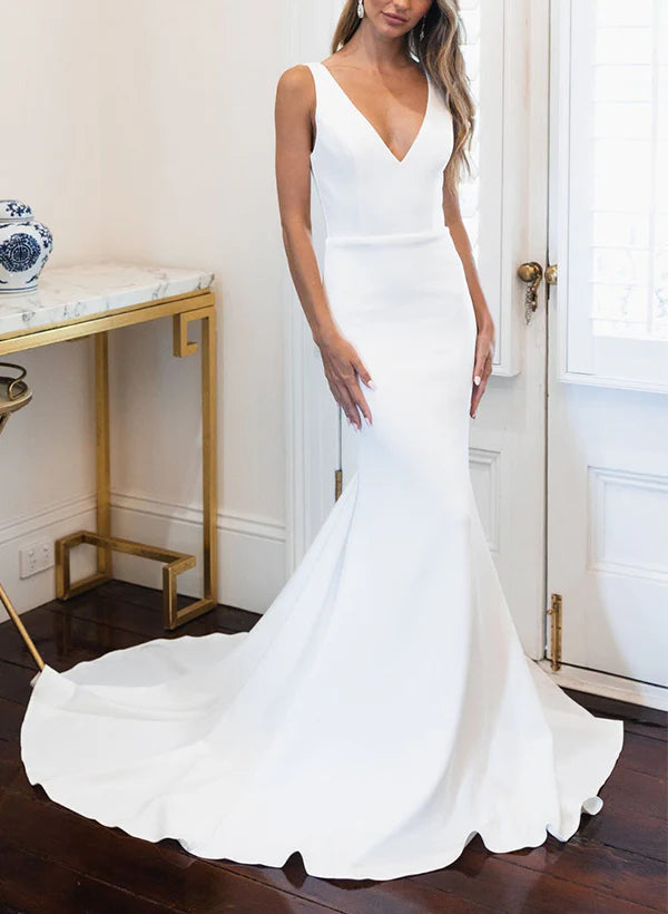 Luolandi Satin Wedding Dresses Elegant Trumpet/Mermaid V-Neck Sleeveless Floor Length Simple