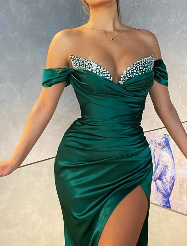 Luolandi Mermaid / Trumpet Prom Dresses Emerald Green Dress Wedding Guest Prom Sweep / Brush Train Sleeveless Off Shoulder Charmeuse with Sequin Slit Evening Dress