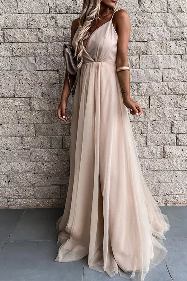 Luolandi Sexy formal attire solid color mesh V-neck evening dress Floor Length