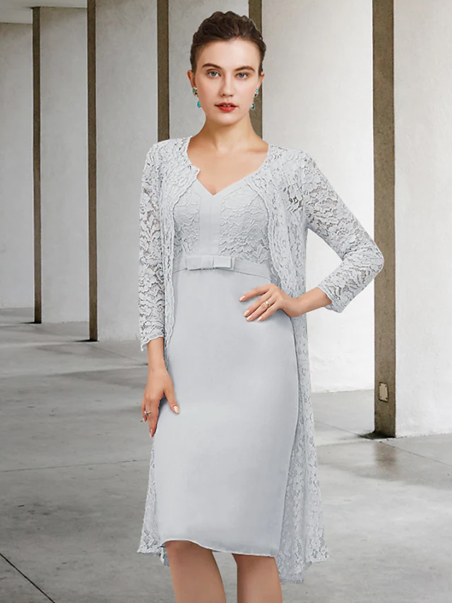 Luolandi Mother of the Bride Dress Elegant V Neck Knee Length Chiffon Lace Long Sleeve with Bow(s) Light gray