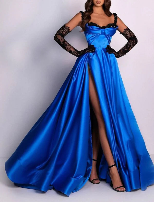 Luolandi A-Line Evening Gown 1920s Black Dress Formal Masquerade Court Train Sleeveless Spaghetti Strap Satin with Slit Sexy Without gloves