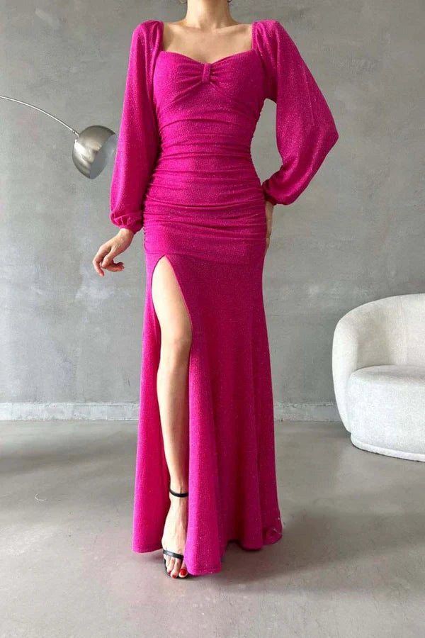 Luolandi Chic and modern sparkling sweetheart long sleeved side slit long evening dress Sexy