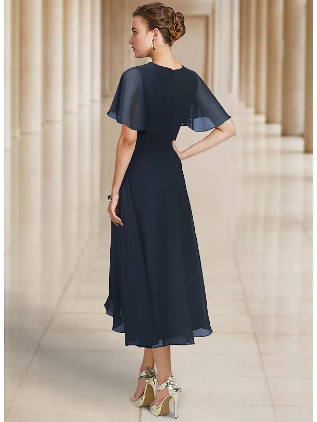 Luolandi A-Line Mother of the Bride Dress Elegant Jewel Neck Asymmetrical Chiffon Short Sleeve with Bow(s) Pleats Dark Navy