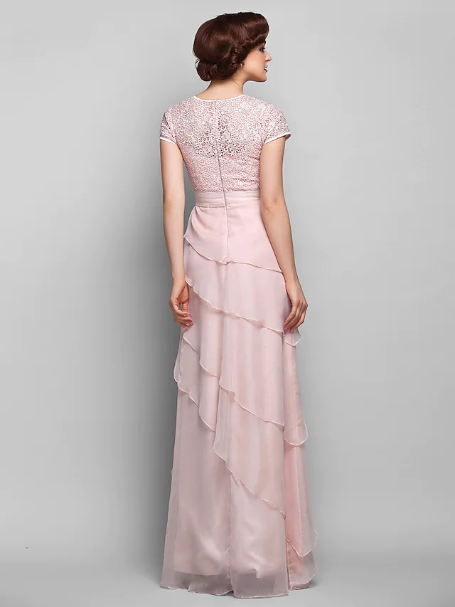 Luolandi Mother of the Bride Dress Jewel Neck Floor Length Chiffon Lace Short Sleeve with Lace Ruffles Candy Pink
