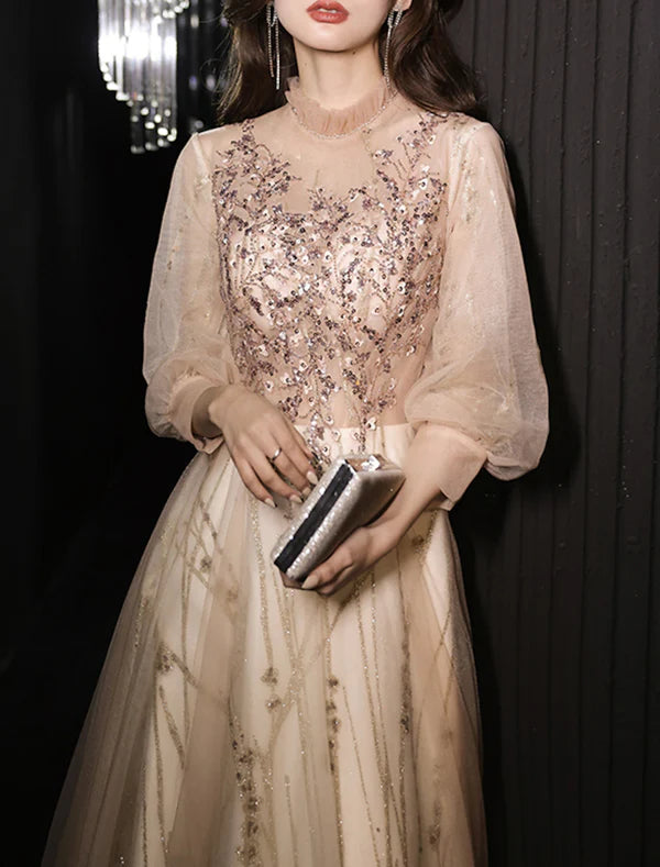 Luolandi A-Line Prom Dresses Glittering Dress Wedding Guest Prom Floor Length Long Sleeve High Neck Tulle with Beading Appliques Champagne