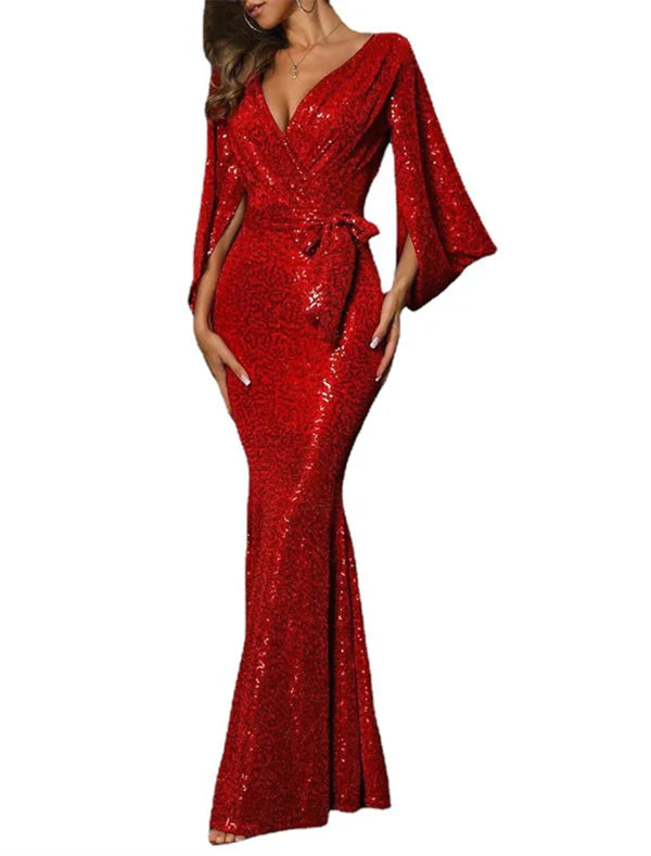 Luolandi Women's Cocktail Party Dress New Year's Eve Dress Homecoming Dress Wedding Guest Dress Sequin Dress Long Dress Maxi Dress Red Long Sleeve Evening Dress