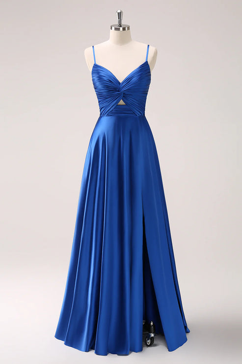 Luolandi Blue Spaghetti Straps Satin Bridesmaid Dress with Slit Floor Length Party Dress