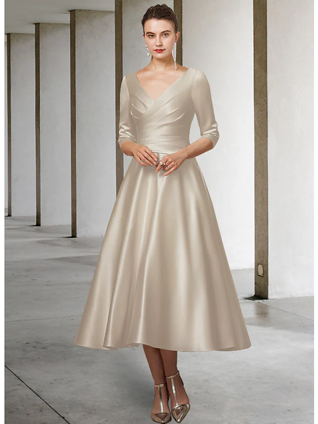 Luolandi A-Line Mother of the Bride Dress Elegant V Neck Tea Length Satin Half Sleeve with Pleats Ruching Dusty Rose