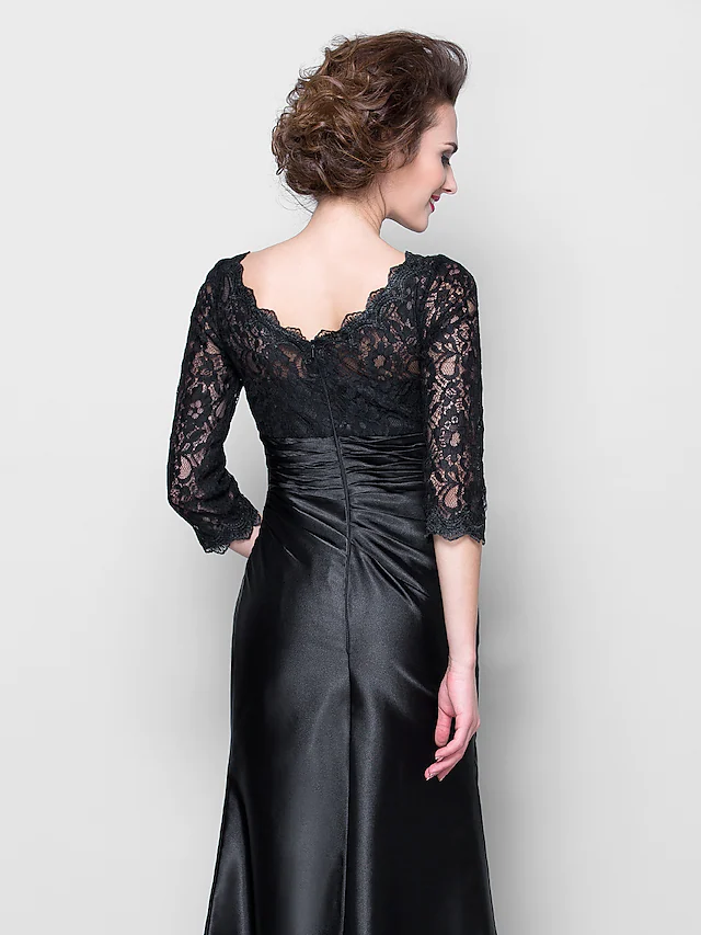 Luolandi Mother of the Bride Dress See Through Jewel Neck Floor Length Satin Lace Over Satin Length Sleeve with Lace