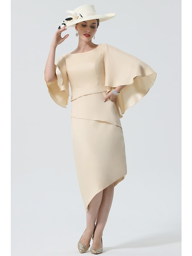 Luolandi Mother of the Bride Dress Elegant Jewel Neck Knee Length Charmeuse Half Sleeve with Tier Pure Color