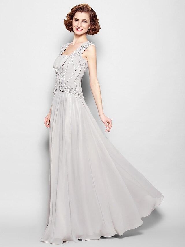 Luolandi A-Line Mother of the Bride Dress Vintage Inspired Square Neck Floor Length Chiffon Sleeveless with Beading