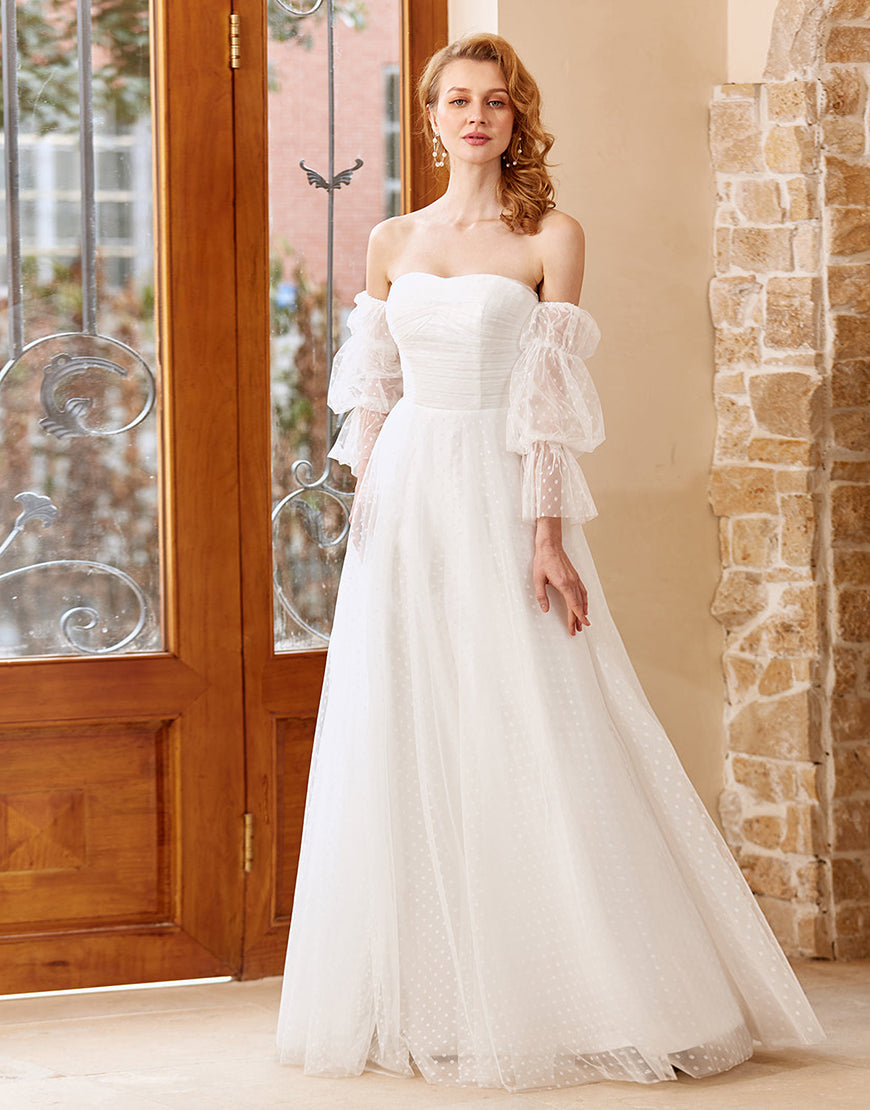Luolandi A Line Off the Shoulder Wedding Dress with Long Sleeves Floor Length