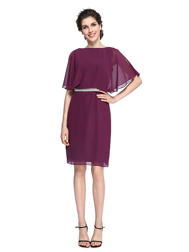 Luolandi Mother of the Bride Dress Elegant Bateau Neck Knee Length Chiffon Half Sleeve with Crystals Grape