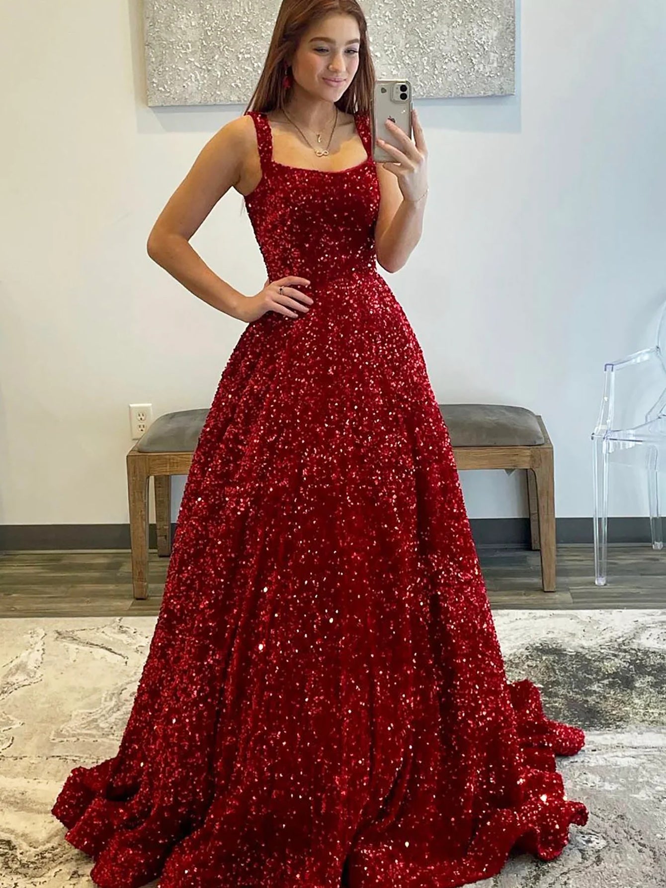 Luolandi Burgundy Sequin Sparkly A Line Long Prom Dress Sexy Evening Dress