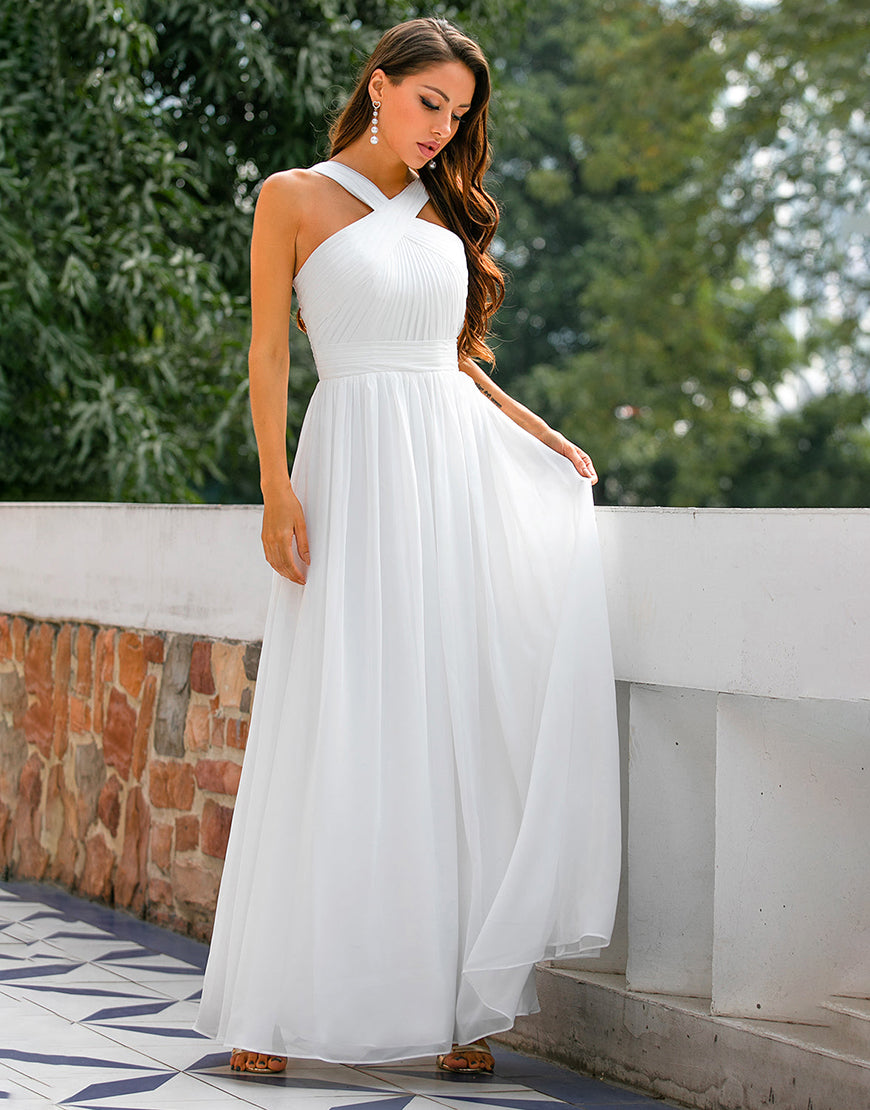Luolandi Ruffle Cross V-neck Dress Wedding Dresses Floor Length Pure Color