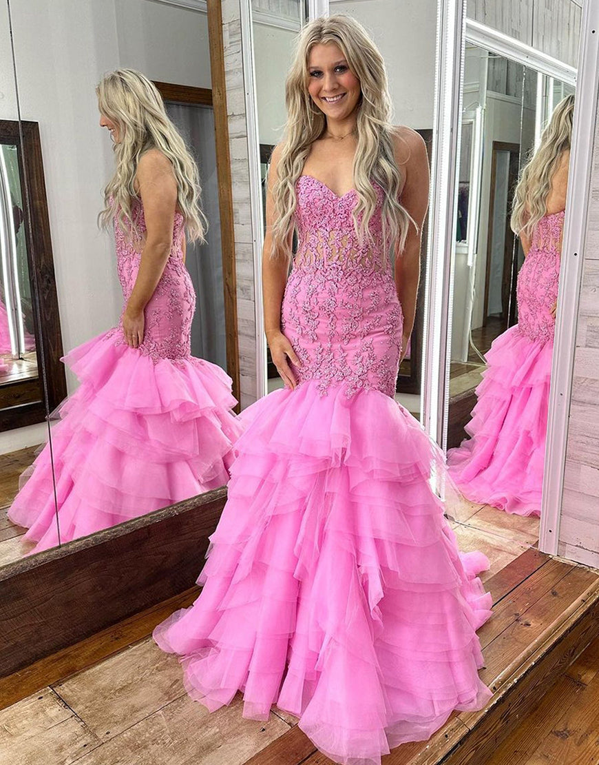 Luolandi Pink Mermaid Tiered Off The Shoulder Lace Long Prom Dress Sexy