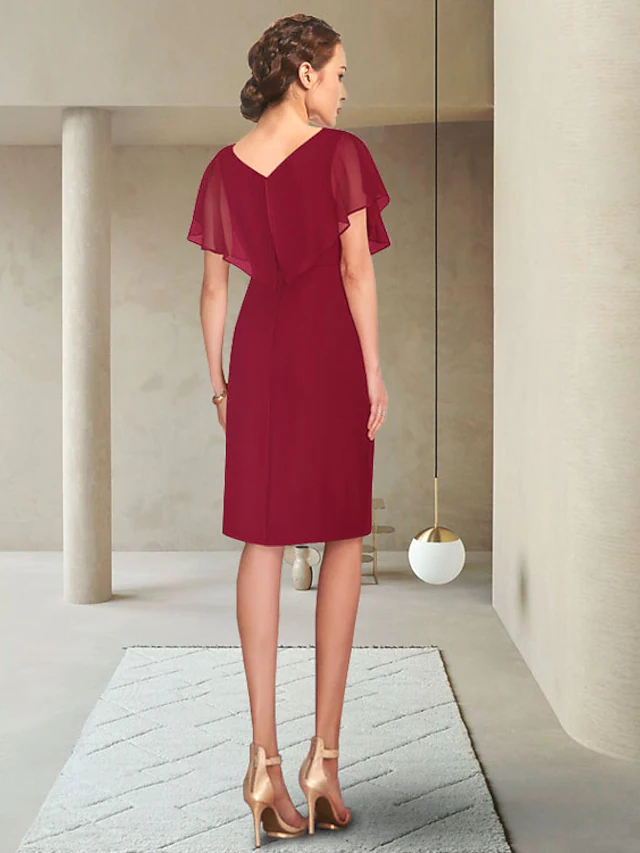 Luolandi Mother of the Bride Dress Elegant V Neck Knee Length Chiffon Short Sleeve with Ruching Burgundy