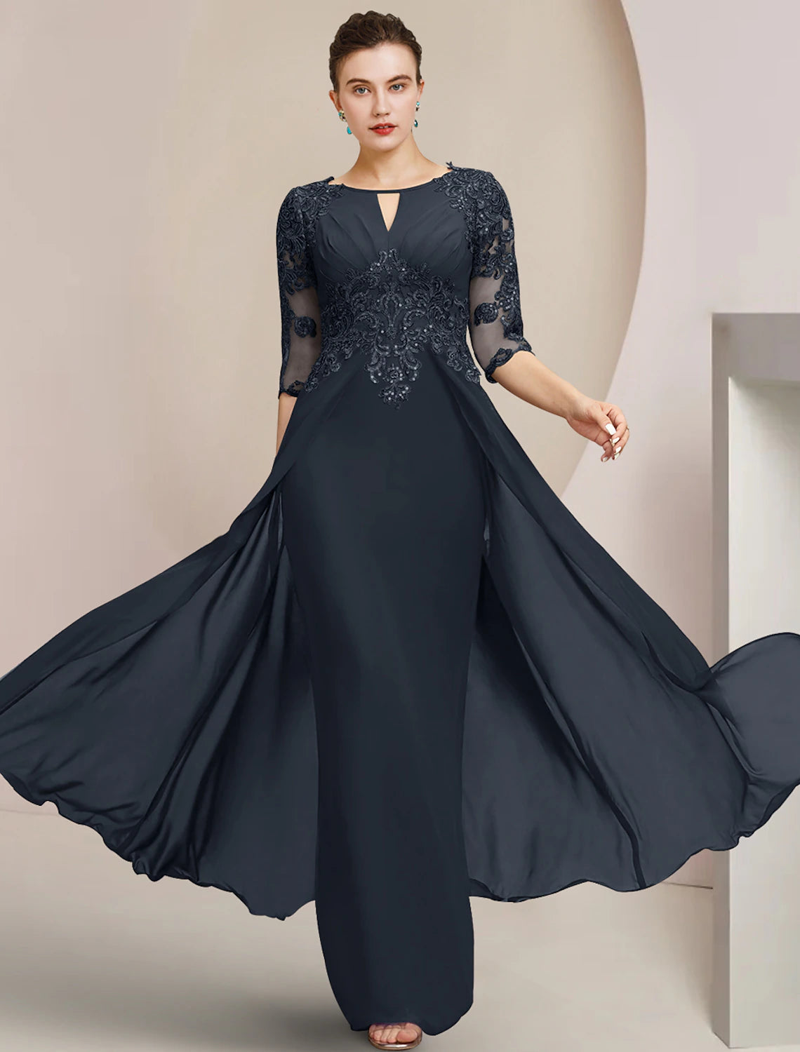 Luolandi Sheath / Column Mother of the Bride Dress Formal Wedding Guest Elegant Scoop Neck Floor Length Chiffon Lace Half Sleeve with Sequin