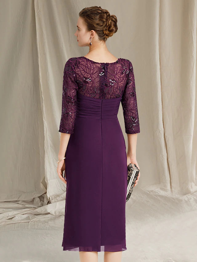 Luolandi Sheath / Column Mother of the Bride Dress Plus Size Elegant Jewel Neck Knee Length Chiffon Short Sleeve with Sequin