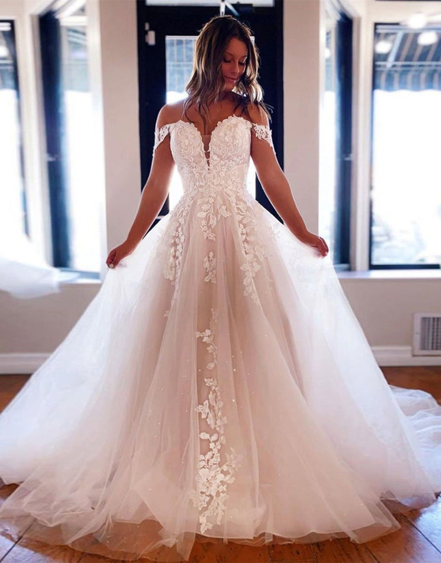 Luolandi Ivory Off the Shoulder A Line Long Bridal Dress With Appliques Wedding Dresses Beautiful