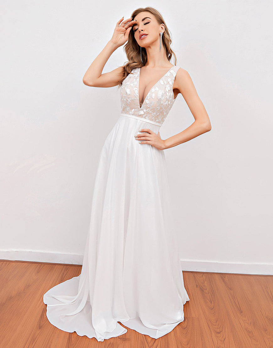 Luolandi Embroidery Wedding Dress V-neck Open Back Floor Length Beautiful