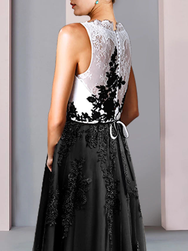 Luolandi Sheath / Column Mother of the Bride Dress Wedding Guest Vintage Party Scoop Neck Tea Length Lace Tulle Sleeveless with Bow(s)