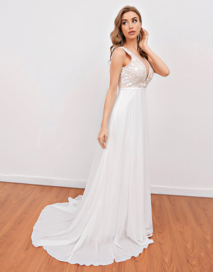 Luolandi Embroidery Wedding Dress V-neck Open Back Floor Length Beautiful