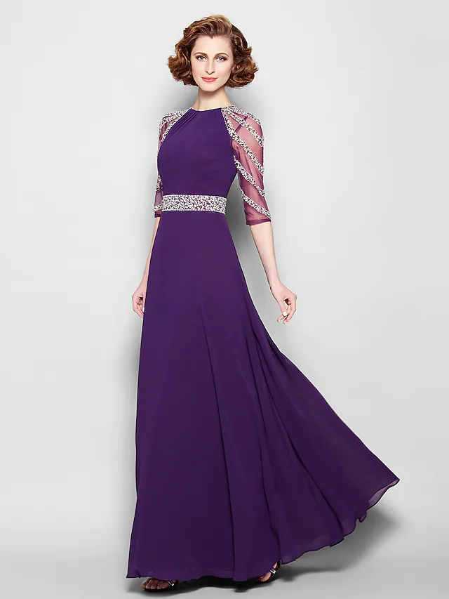 Luolandi A-Line Mother of the Bride Dress See Through Jewel Neck Floor Length Tulle Georgette Half Sleeve with Sash Ribbon Beading