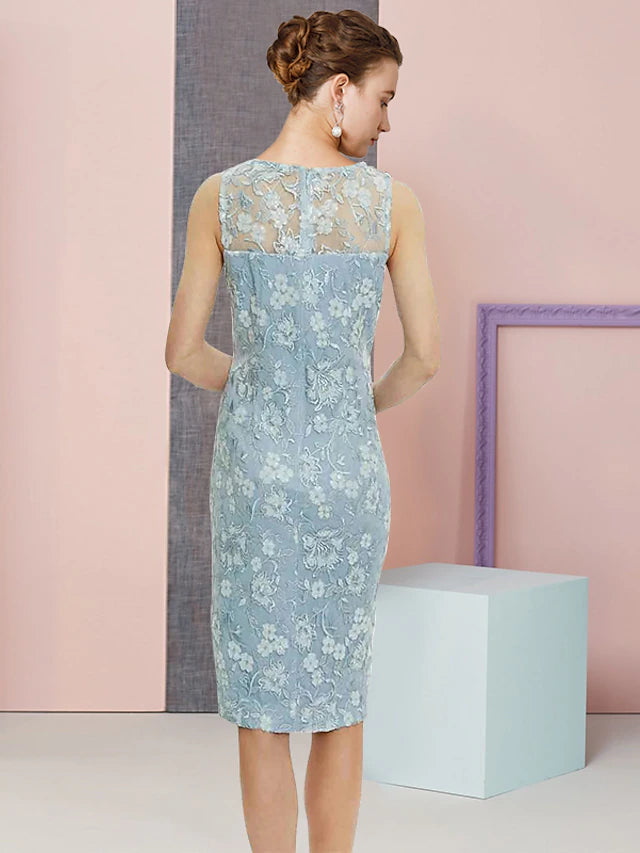 Luolandi Two Piece Sheath / Column Mother of the Bride Dress Formal Wedding Guest Vintage Elegant Scoop Neck Knee Length Chiffon Lace Sleeveless Jacket Dresses