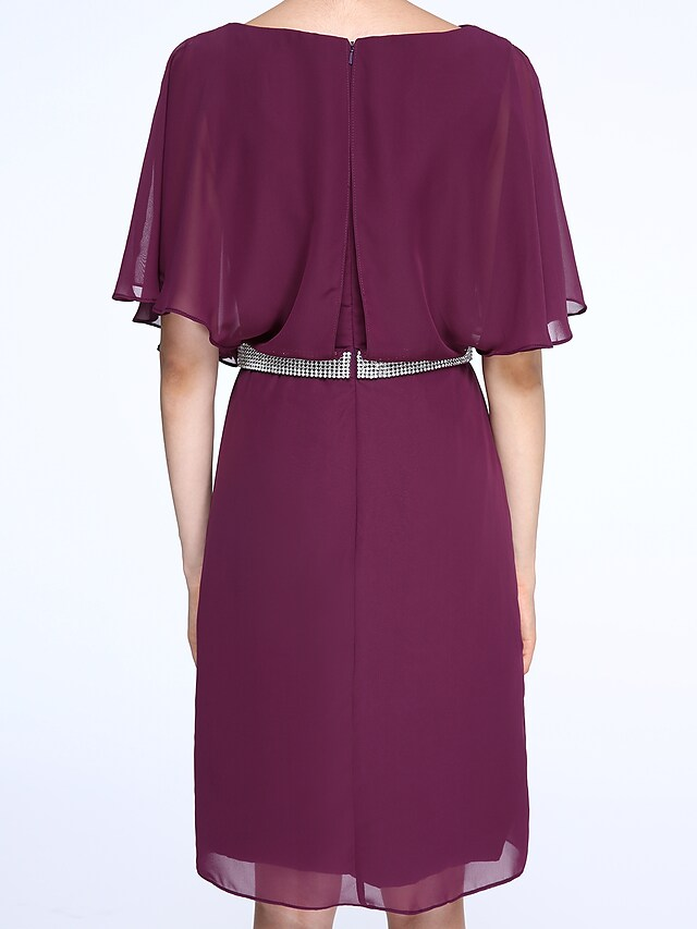 Luolandi Mother of the Bride Dress Elegant Bateau Neck Knee Length Chiffon Half Sleeve with Crystals Grape