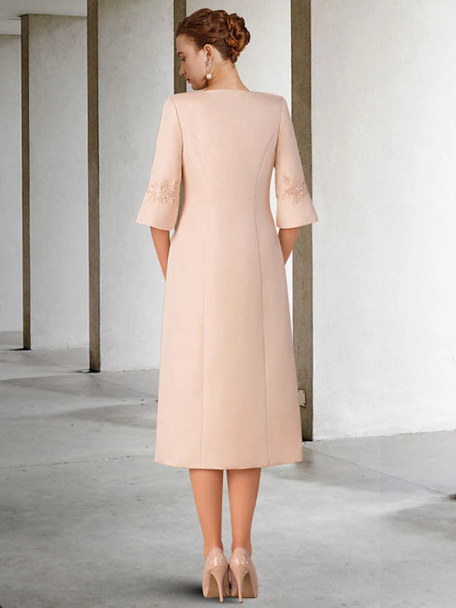 Luolandi Two Piece Sheath / Column Mother of the Bride Dress Church Elegant V Neck Knee Length Lace Chiffon Short Sleeve Jacket Dresses with Appliques