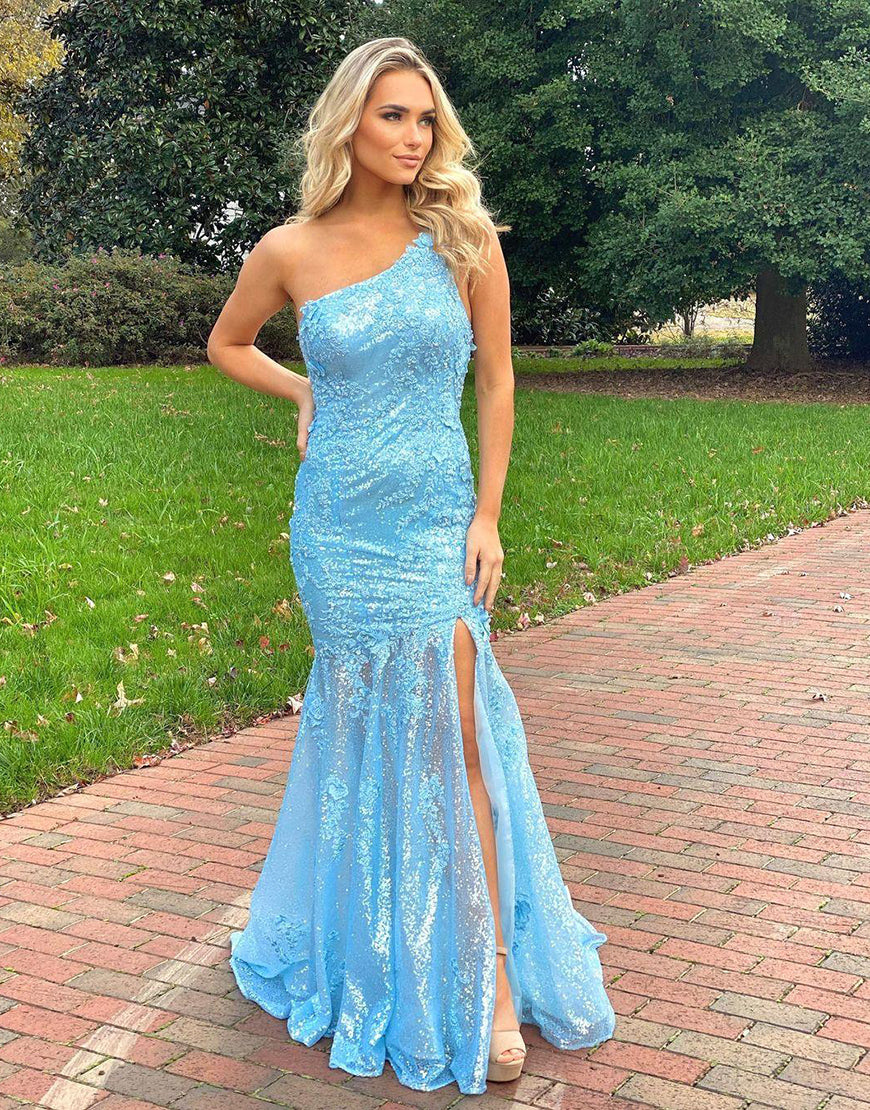 Luolandi Light Blue Mermaid One Shoulder Prom Dress Floor Length With Slit Sexy