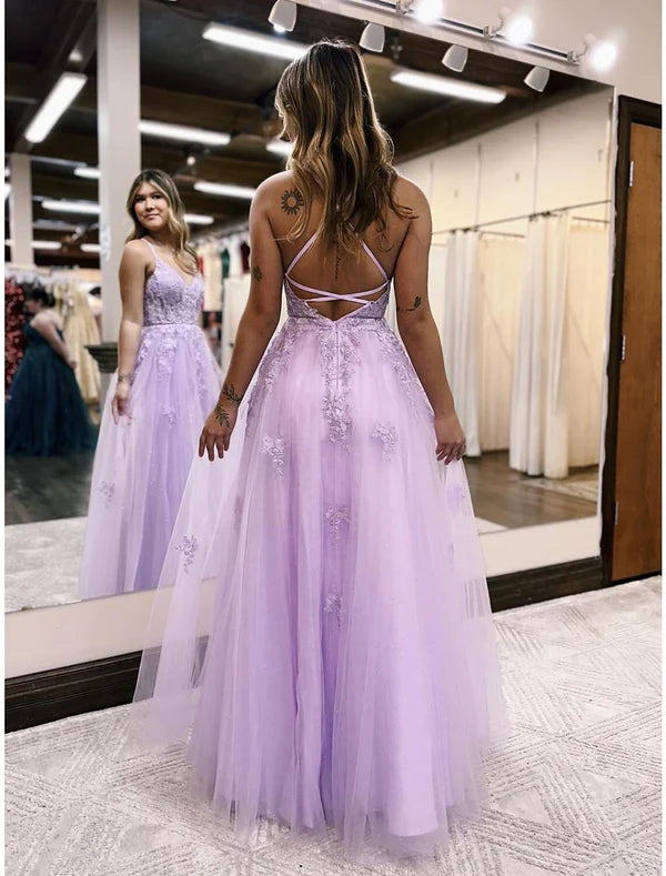 Luolandi A-Line Evening Gown Open Back Dress Formal Prom Floor Length Sleeveless V Neck Tulle Backless with Beading Slit Appliques Beautiful