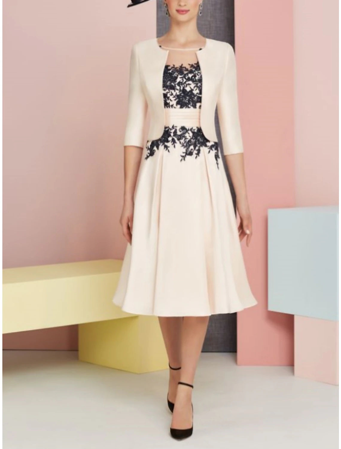 Luolandi Two Piece Mother of the Bride Dress Wedding Guest Elegant Vintage Scoop Neck Knee Length Satin Lace Half Sleeve