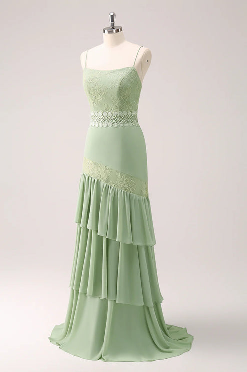 Luolandi Green Floral Rufffled Chiffon Bridesmaid Dress with Lace Floor Length Party Dress