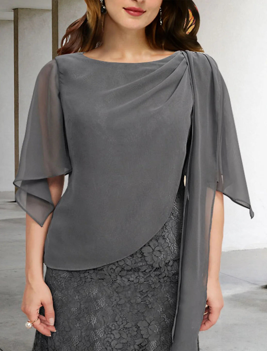 Luolandi Sheath / Column Mother of the Bride Dresses Plus Size Hide Belly Curve Elegant Dress Formal Floor Length Half Sleeve Jewel Neck Chiffon