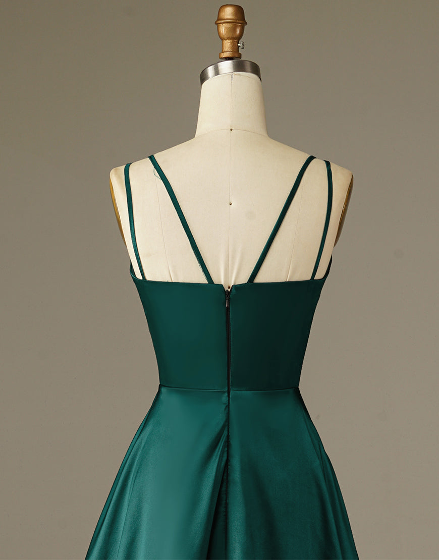 Luolandi Dark Green Satin Long Simple Prom Dress V-neck Sexy Evening Dress Party Dress