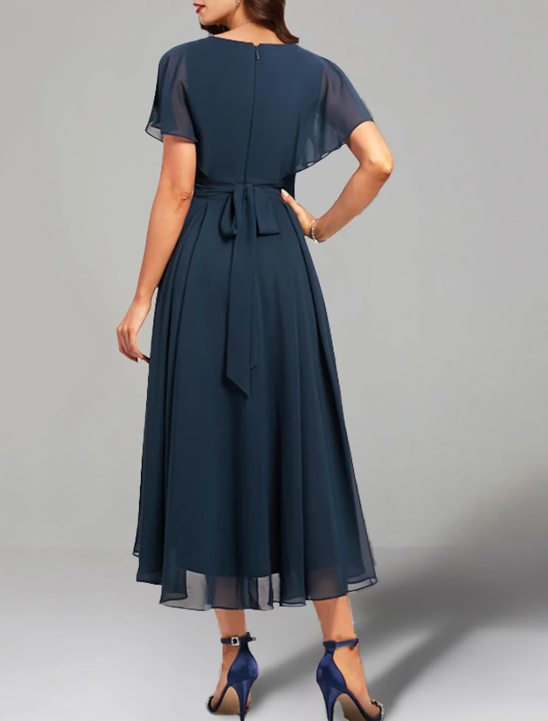 Luolandi A-Line Wedding Guest Dresses Elegant Dress Cocktail Party Church Tea Length Short Sleeve V Neck Belt / Sash Chiffon with Crystals Dark Navy