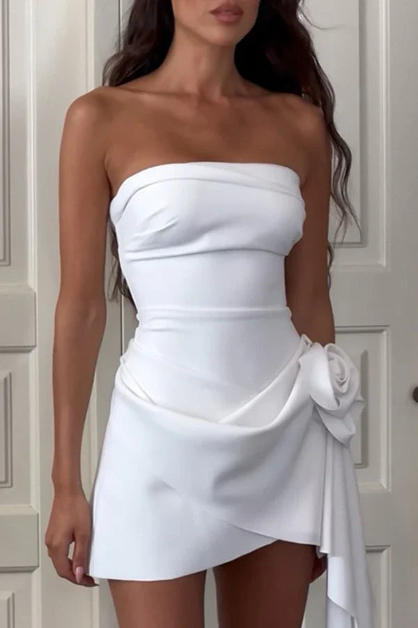 Luolandi Solid Color Pleated Flower Strapless Evening Party Dress Off Shoulder Homecoming Dress