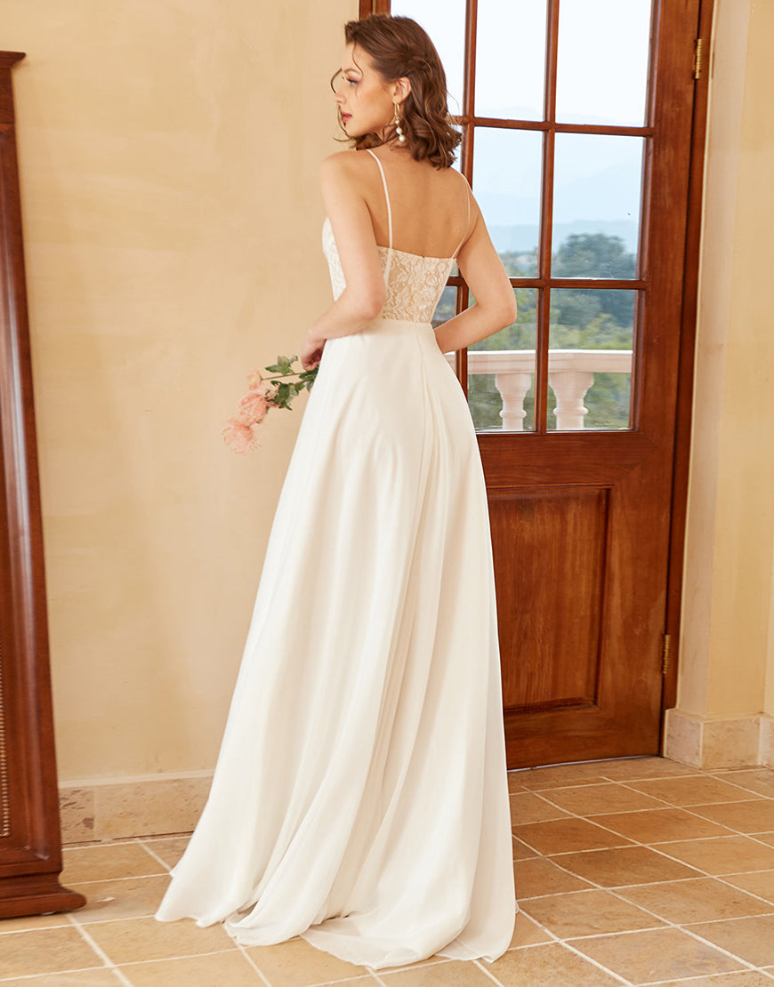 Luolandi A Line Spaghetti Straps Wedding Dress with Appliques Floor Length Beautiful